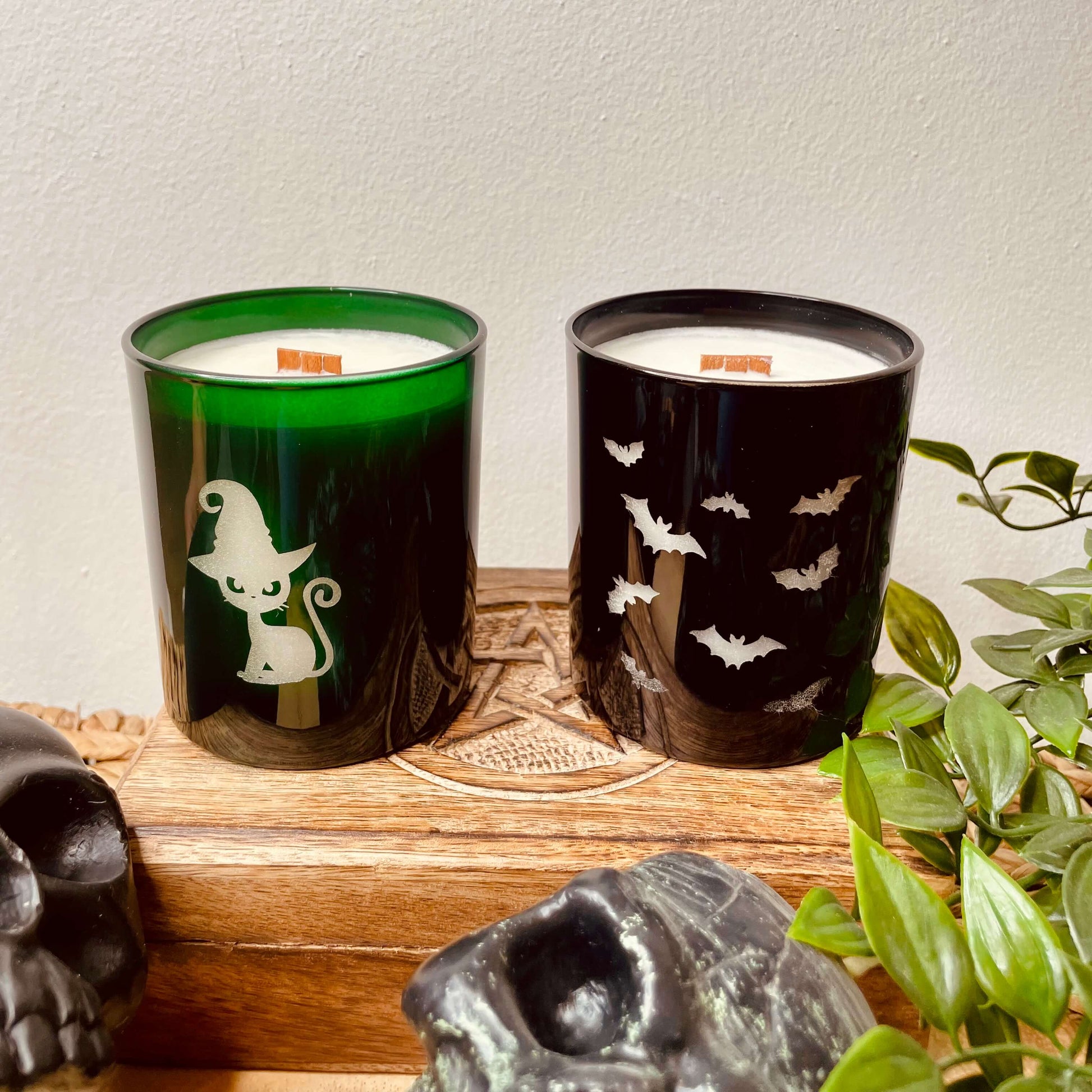 Witch Cat and Bats engraved candle jars. Green & Black with a wood wick  and bamboo lids. 