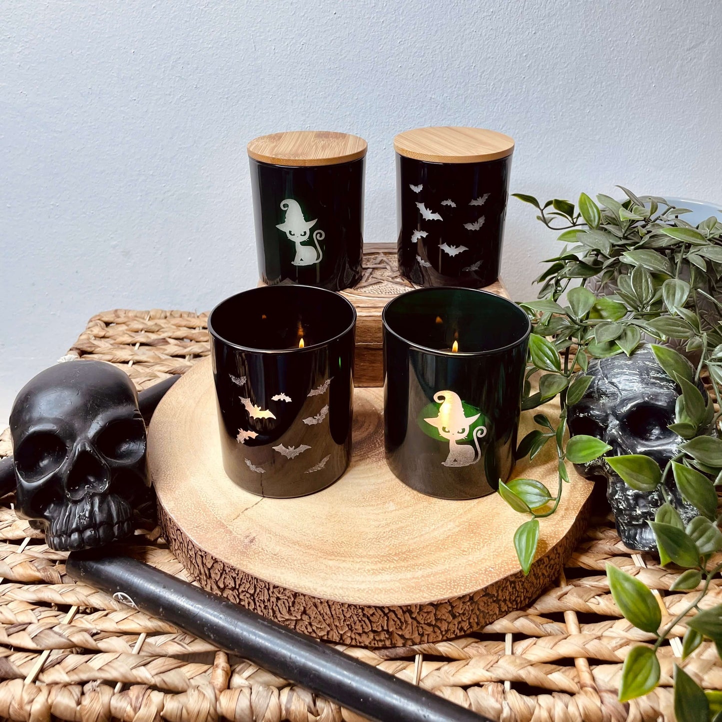 Green Witch Cat and Black Bats engraved candle jars. Green & Black with a wood wick and bamboo lids. Medium size, handmade from soy wax. 